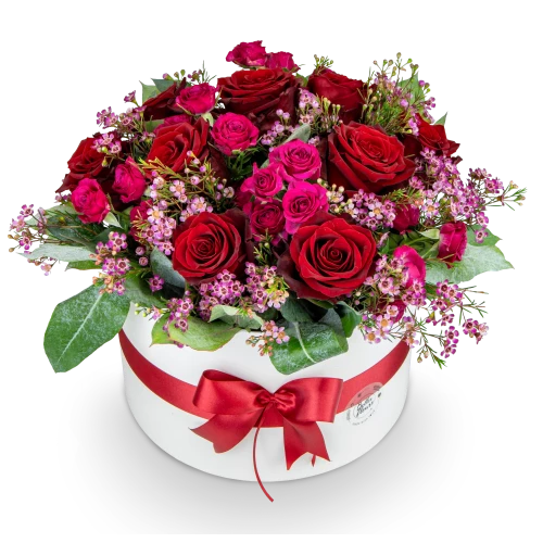 Box červených a růžových růží